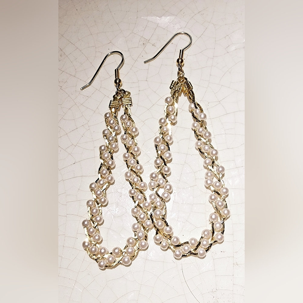 Faux pearl beaded loop earrings shabby chic dress up or down, holiday earrings